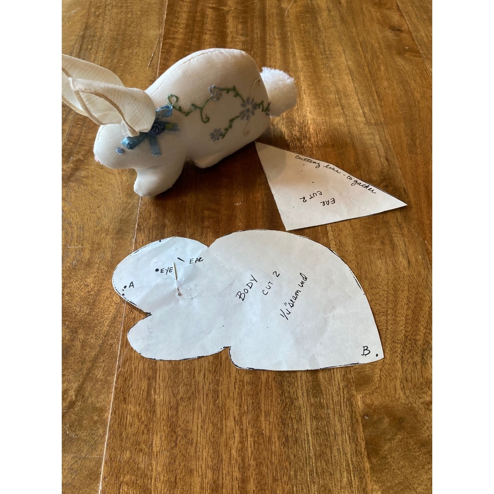 Handmade Sewn Embroidery‎ Bunny Rabbit Plush with Hand Drawn Pattern Easter